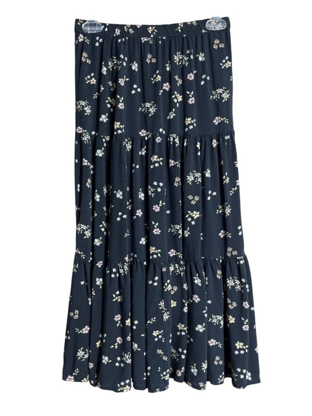 Black Floral Tiered Midi Skirt Prairie Cottage Grunge Whimsigoth Wom XS